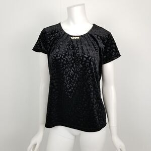 NWT Notations Petites Size Small SP Black Leopard Print Embossed Velvet Top